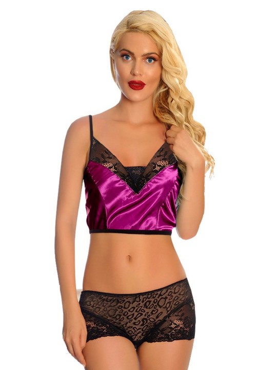 Mor Saten Dantelli Babydoll Şortlu Takım - 287