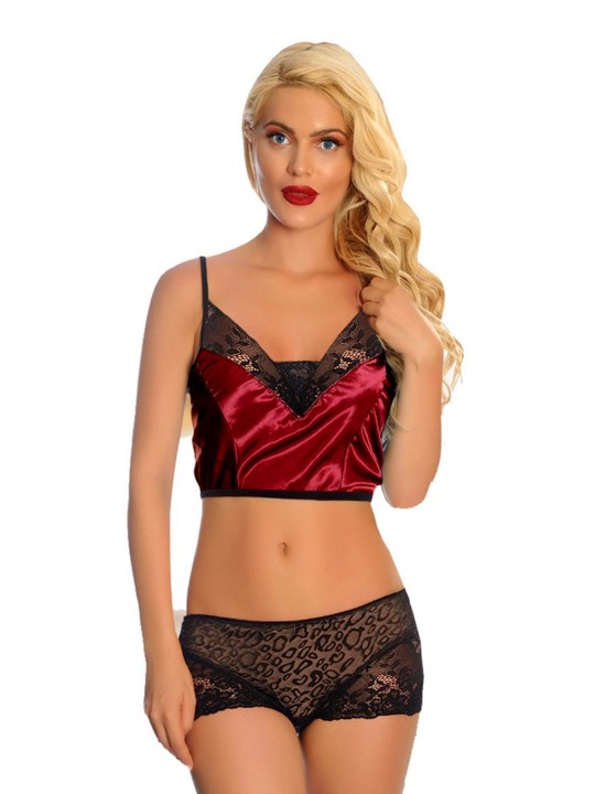 Bordo Saten Dantelli Babydoll Şortlu Takım - 288