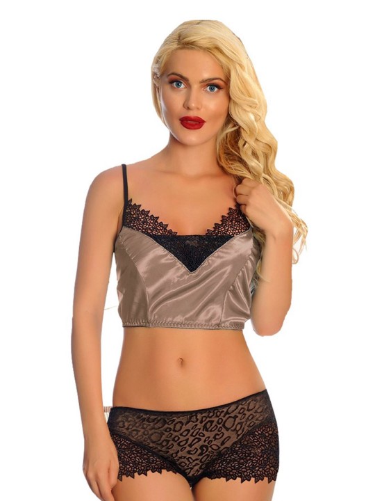 Vizon Saten Dantelli Babydoll Şortlu Takım - 289