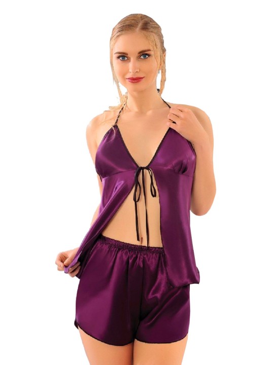 Mor Saten Babydoll Şortlu Takım - 294