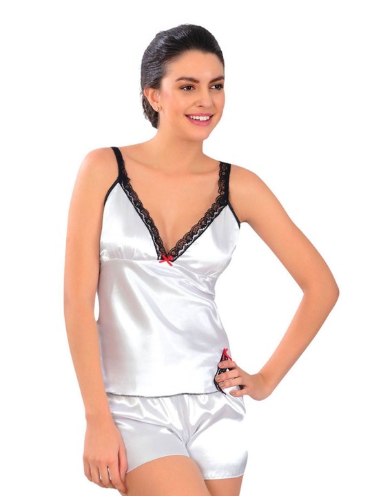 Beyaz Saten Babydoll Şortlu Takım - 336