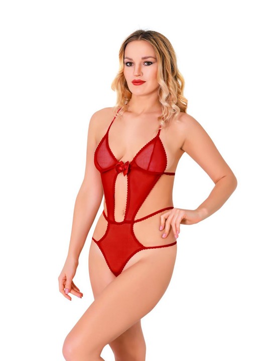 Kırmızı Lcralı Tül Bodysuit - 932