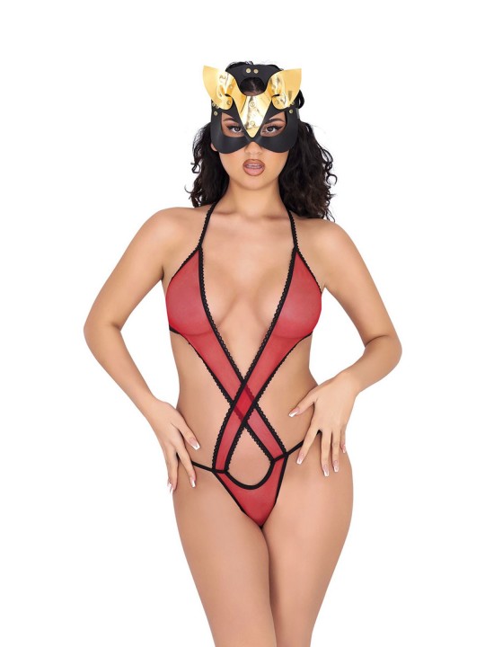 Kırmızı Lcralı Tül Bodysuit - 935